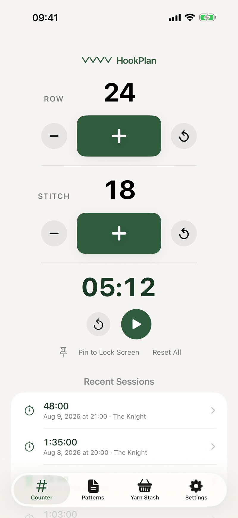 HookPlan counter screen with large row and stitch counters and a session stopwatch