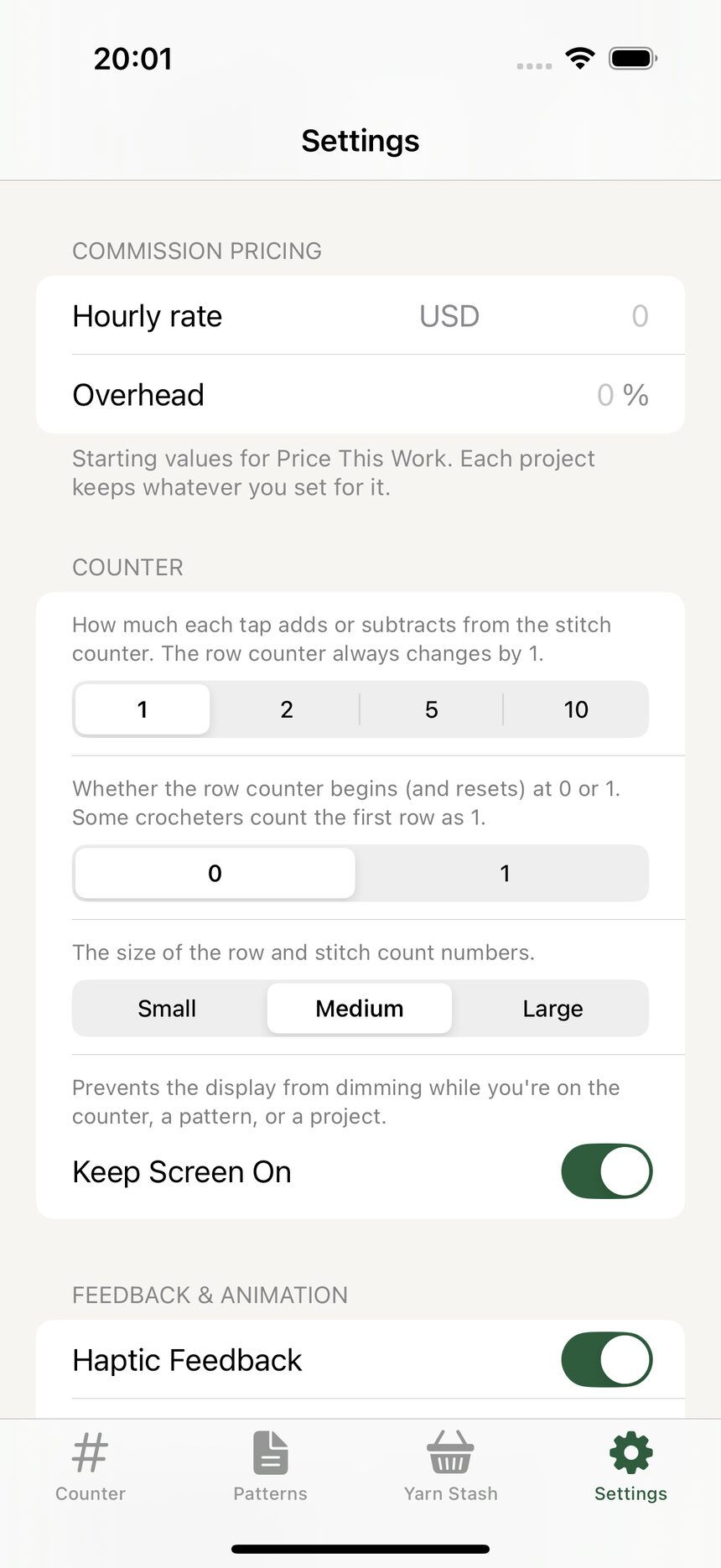 The stitch increment setting with options for one, two, five, and ten per tap.