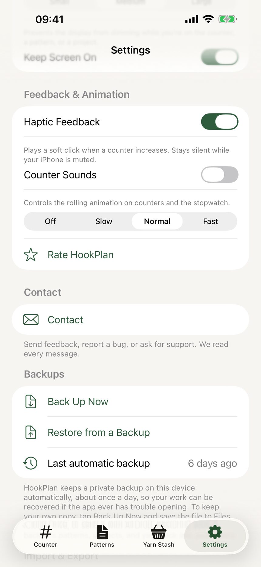 Settings rows for haptic feedback and counter animation speed.