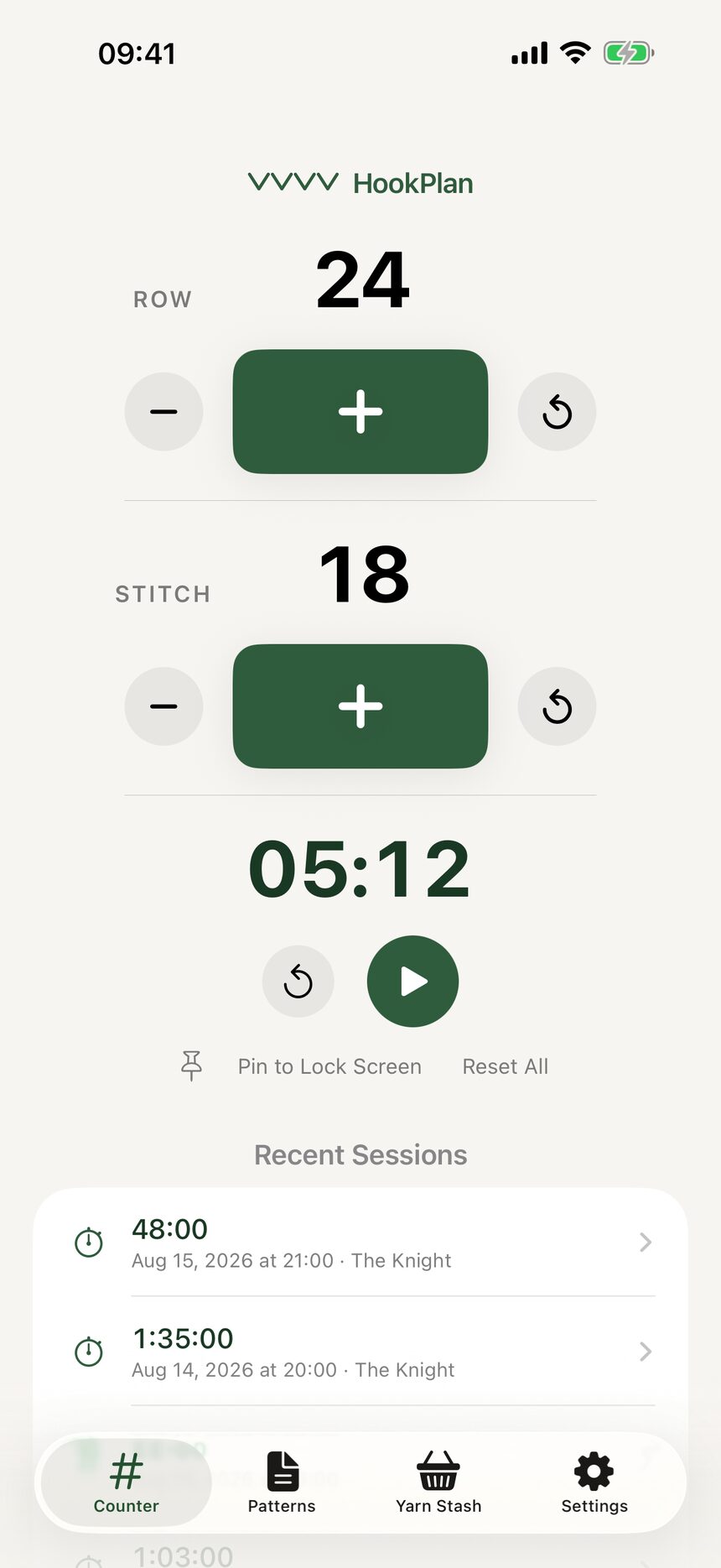 The stopwatch below the row and stitch counters, showing zero elapsed time and a play button.