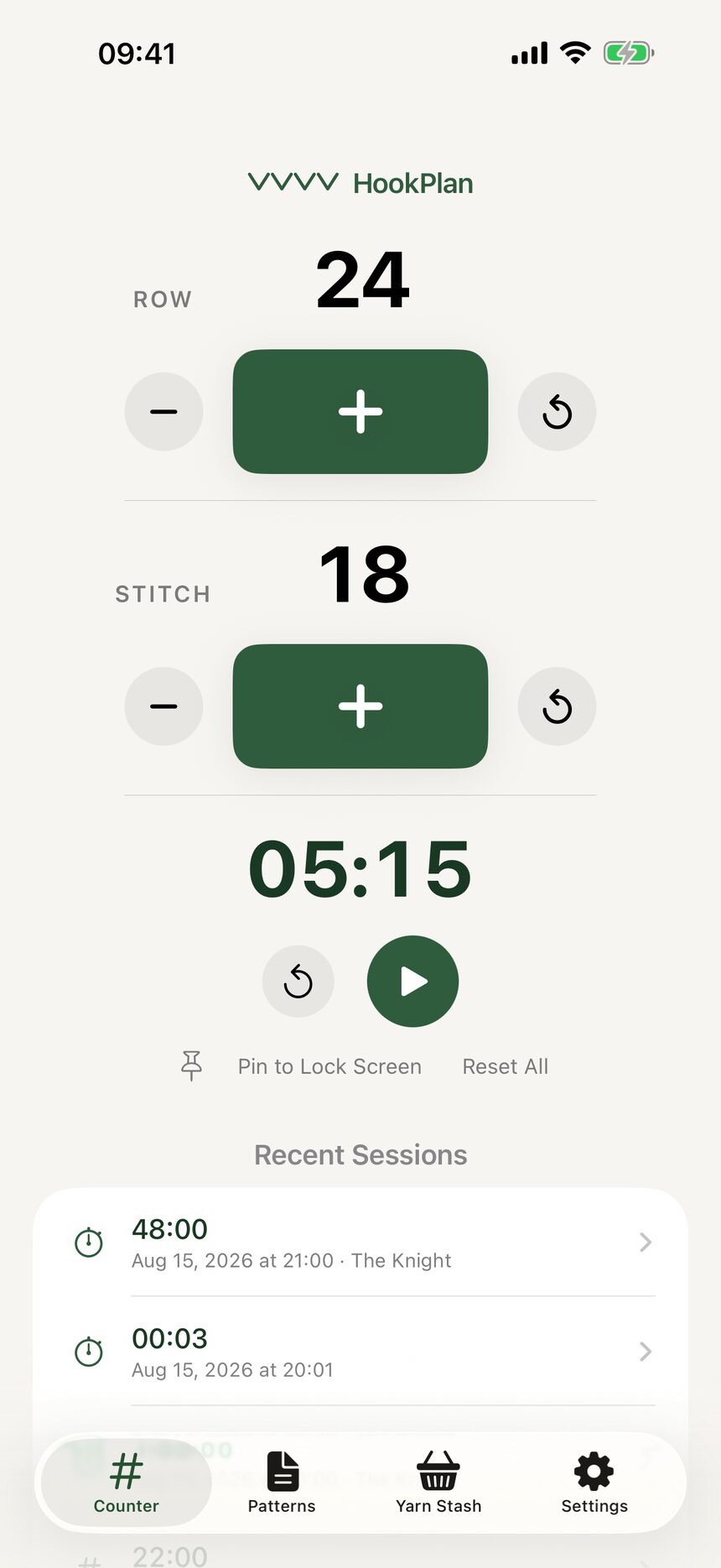 The stopwatch paused partway through a session, with the play button ready to resume.