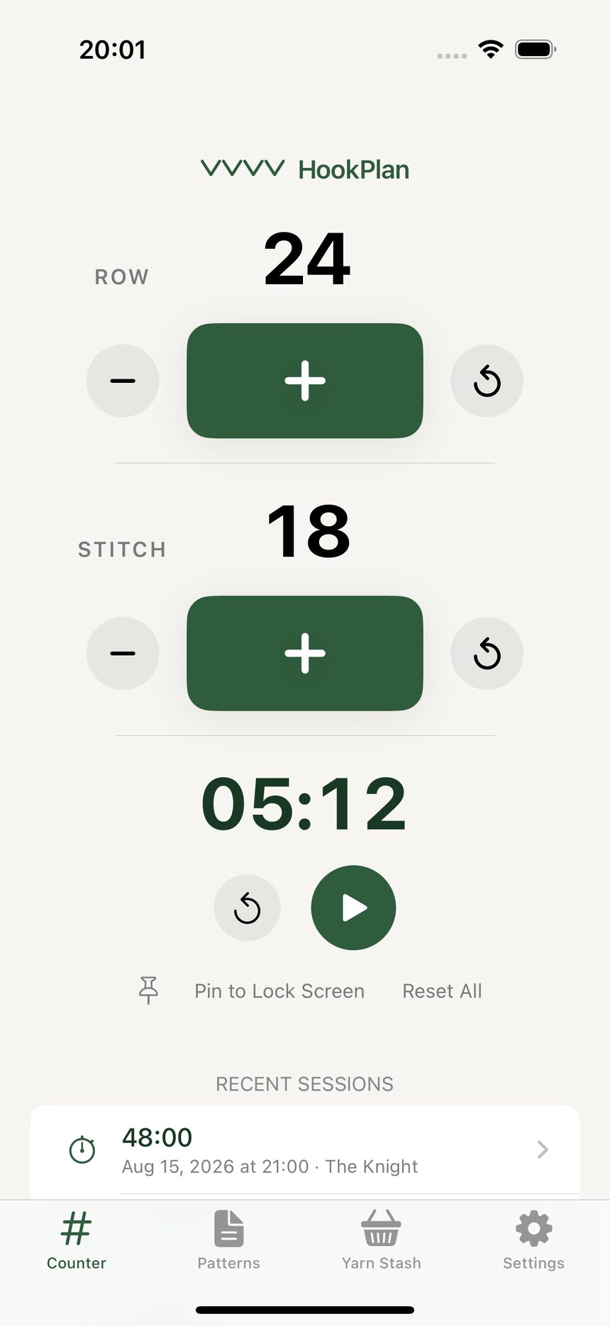 The Counter tab showing a large row counter, a stitch counter below it, and a stopwatch at the bottom of the screen.