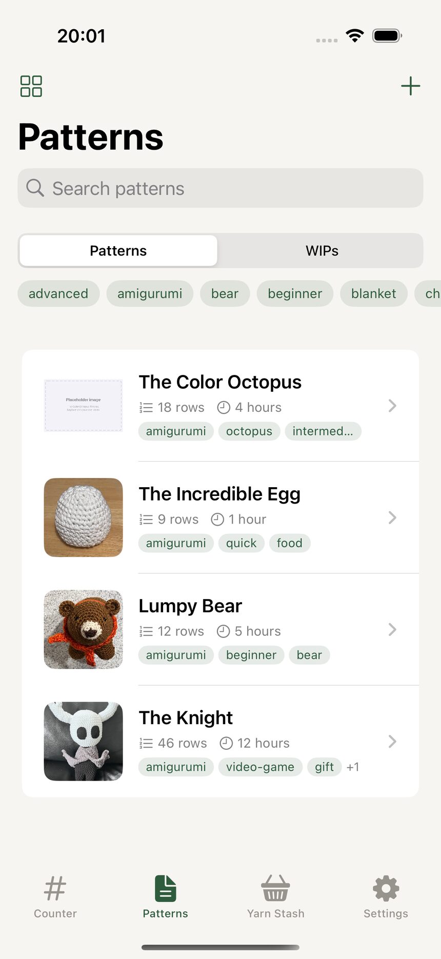 The Patterns tab showing a grid of saved crochet patterns with cover photos and names.
