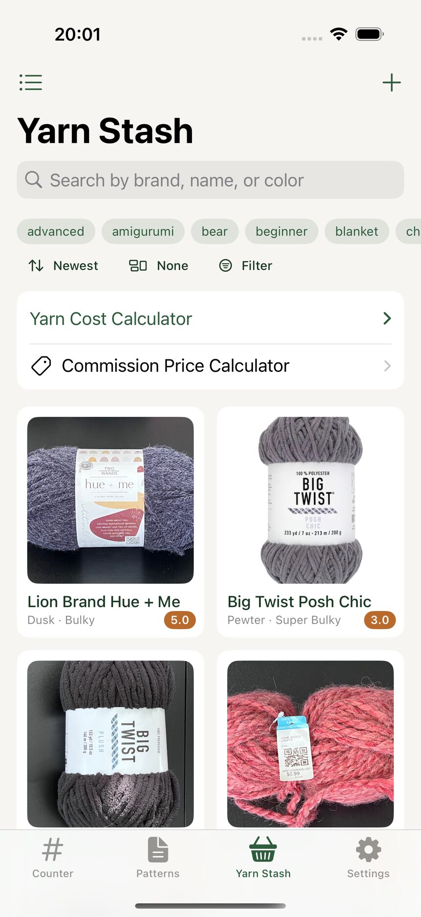 The Yarn Stash tab listing yarns with photos, brand names, colors, and weight categories.