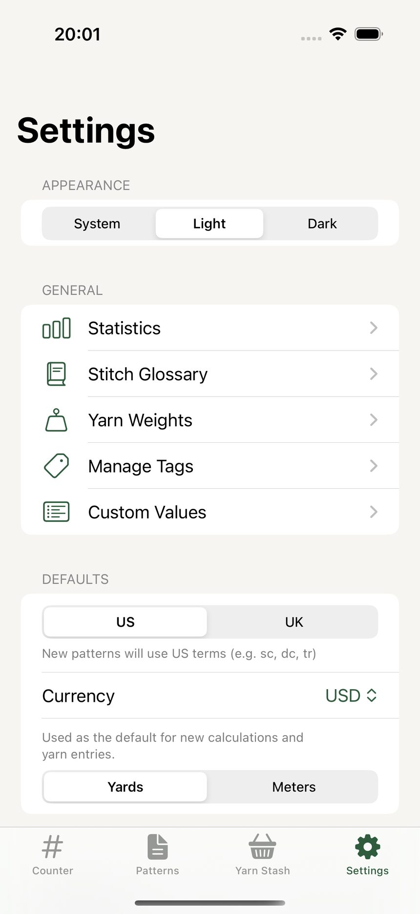The Settings tab showing options for stitch terms, counter preferences, appearance, and contact.