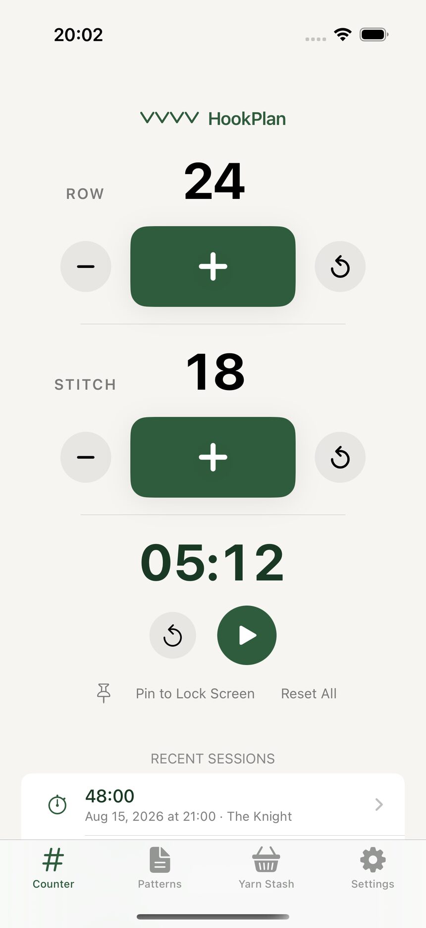 The Counter tab at zero, with the Rows counter above the Stitches counter and plus and minus buttons beside each.