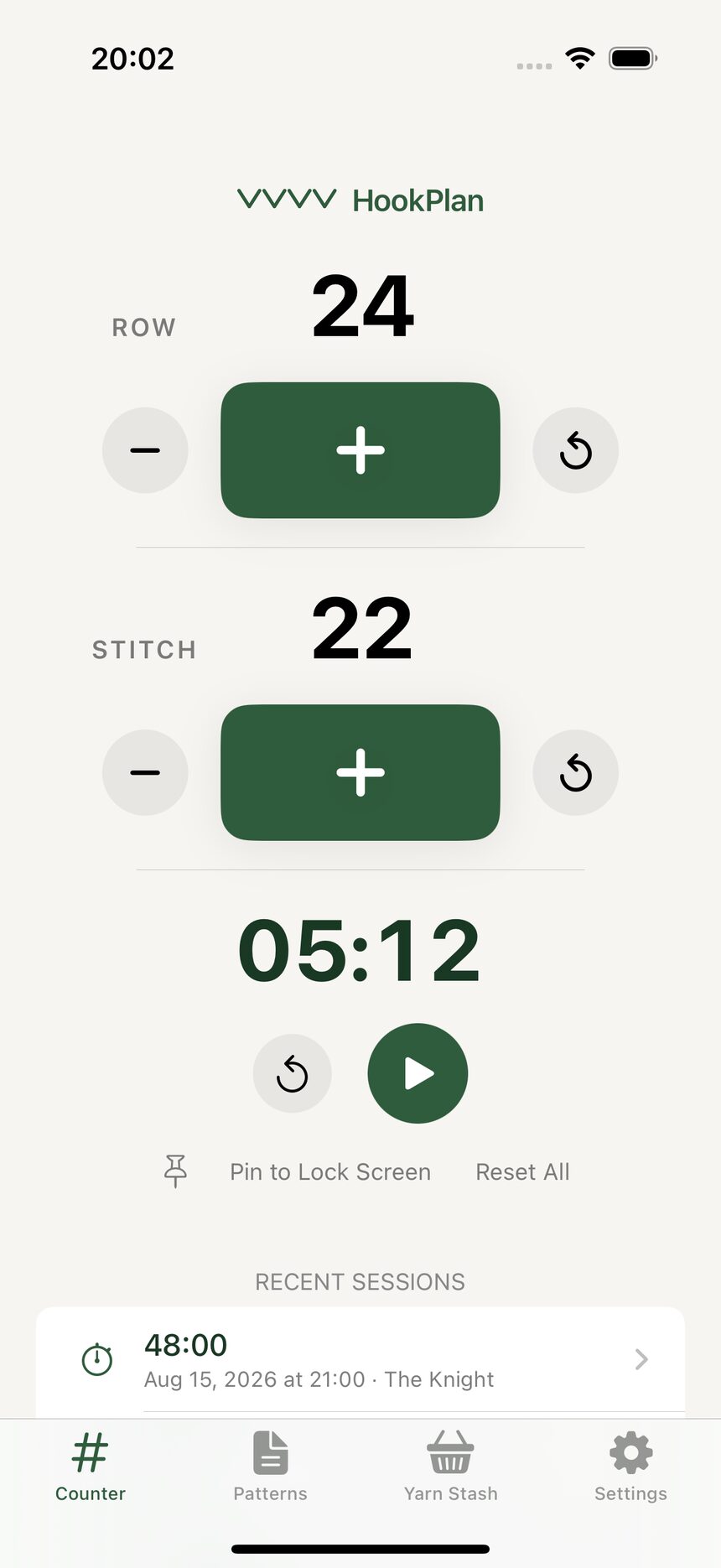 The Stitches counter showing a count of twelve after several plus taps.