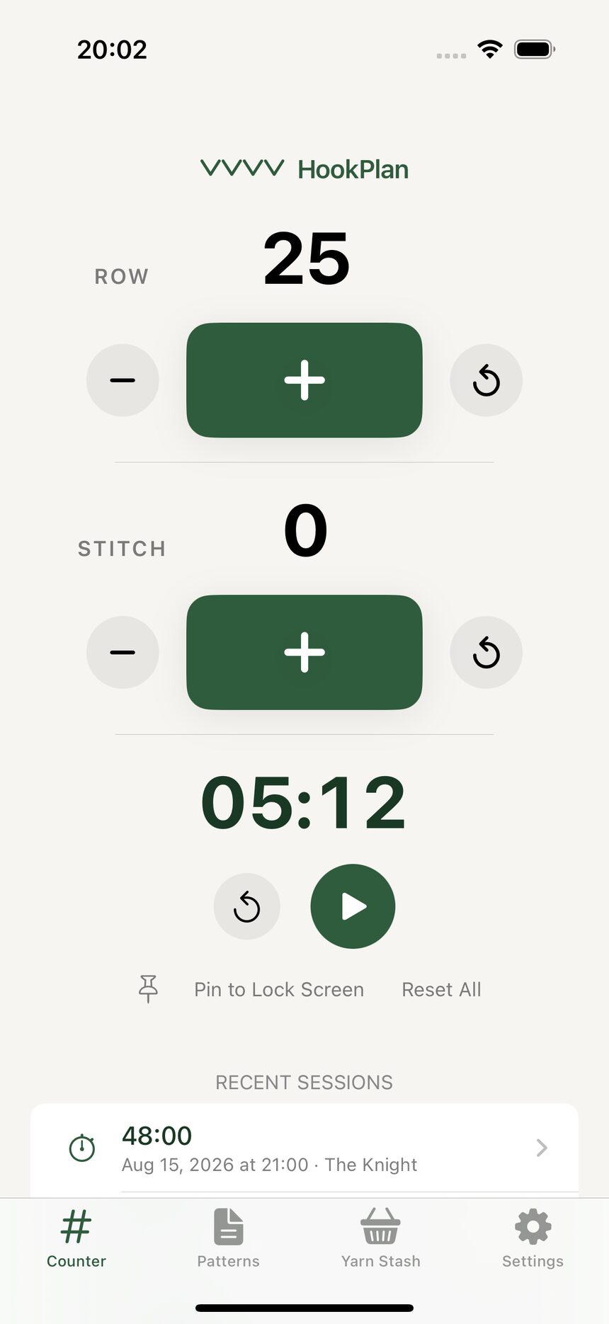 The Rows counter increased by one, with the stitch counter ready for the next row.