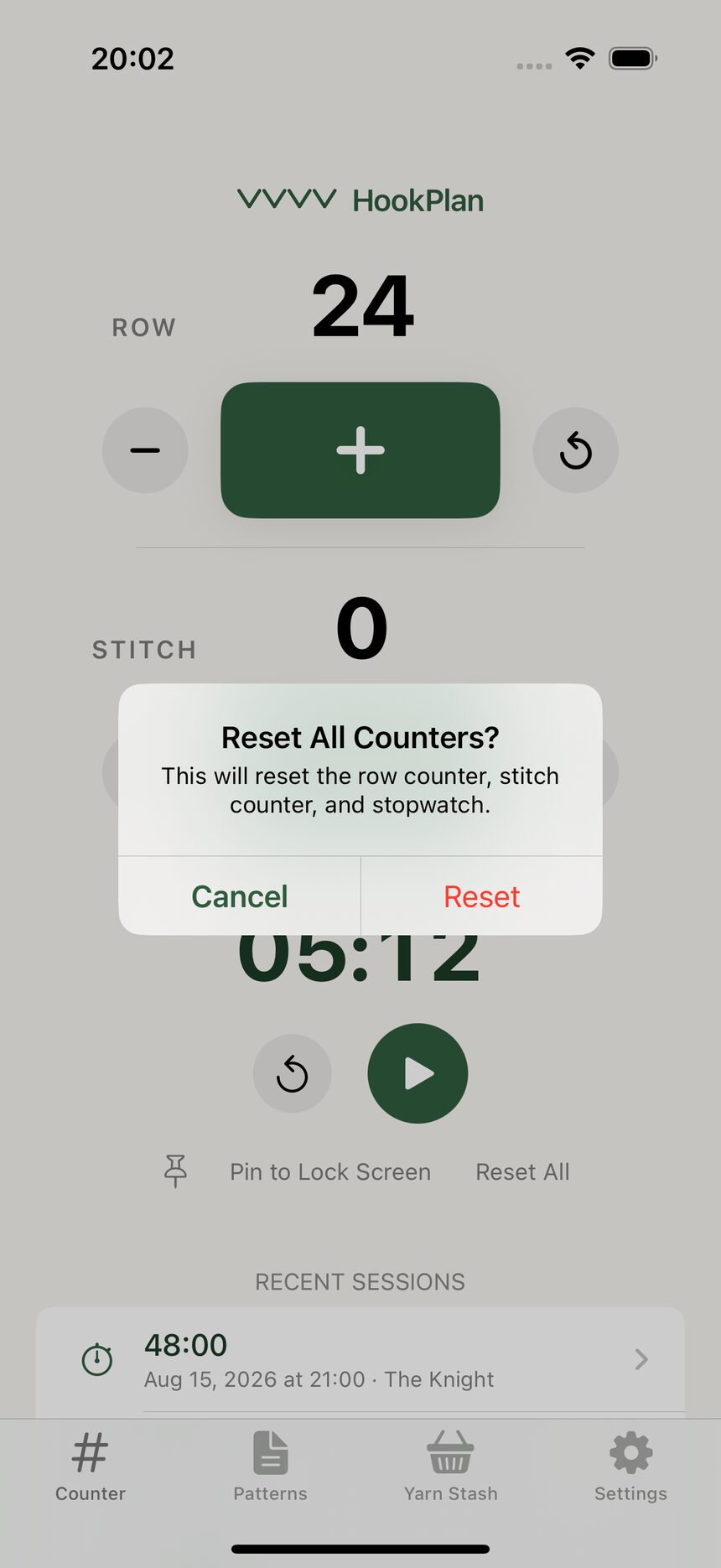 A confirmation dialog asking whether to reset all counters, with Cancel and Reset buttons.