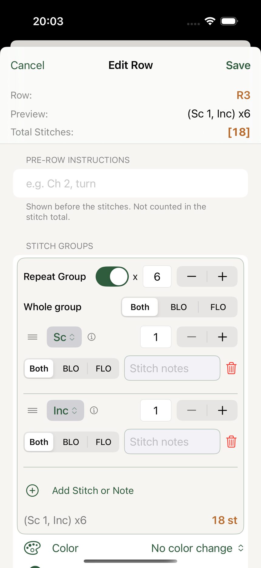 A pattern row with a repeat group in brackets and the calculated total stitch count beside it.
