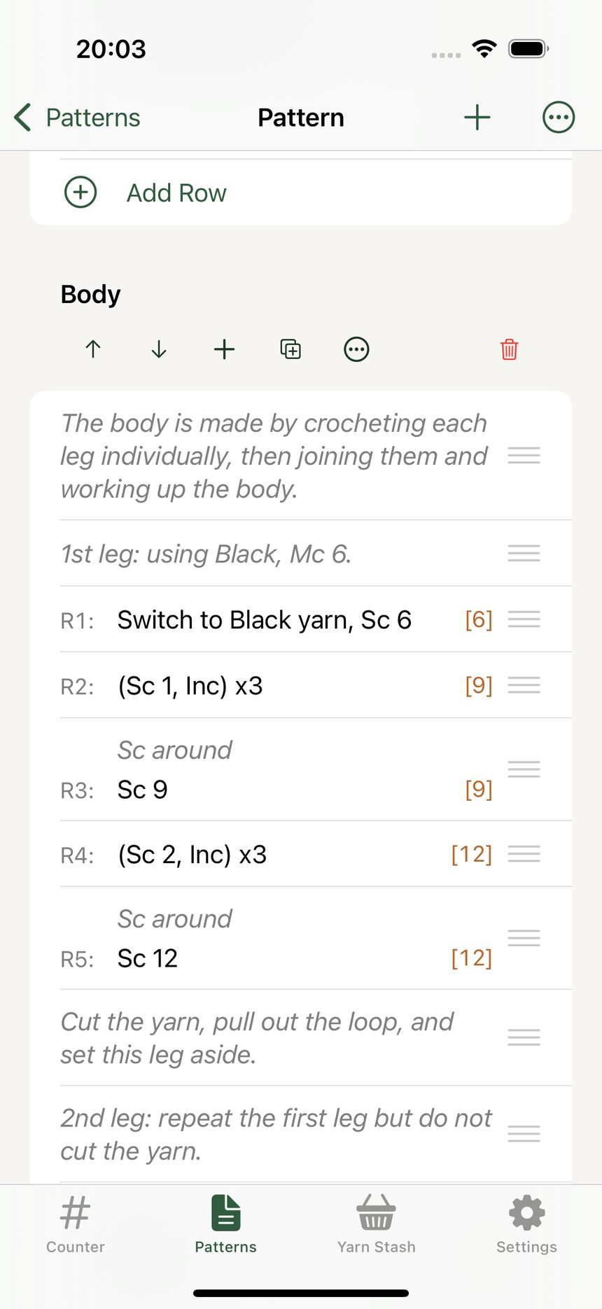 A pattern with section headers dividing the rows into Body, Arms, and Head.