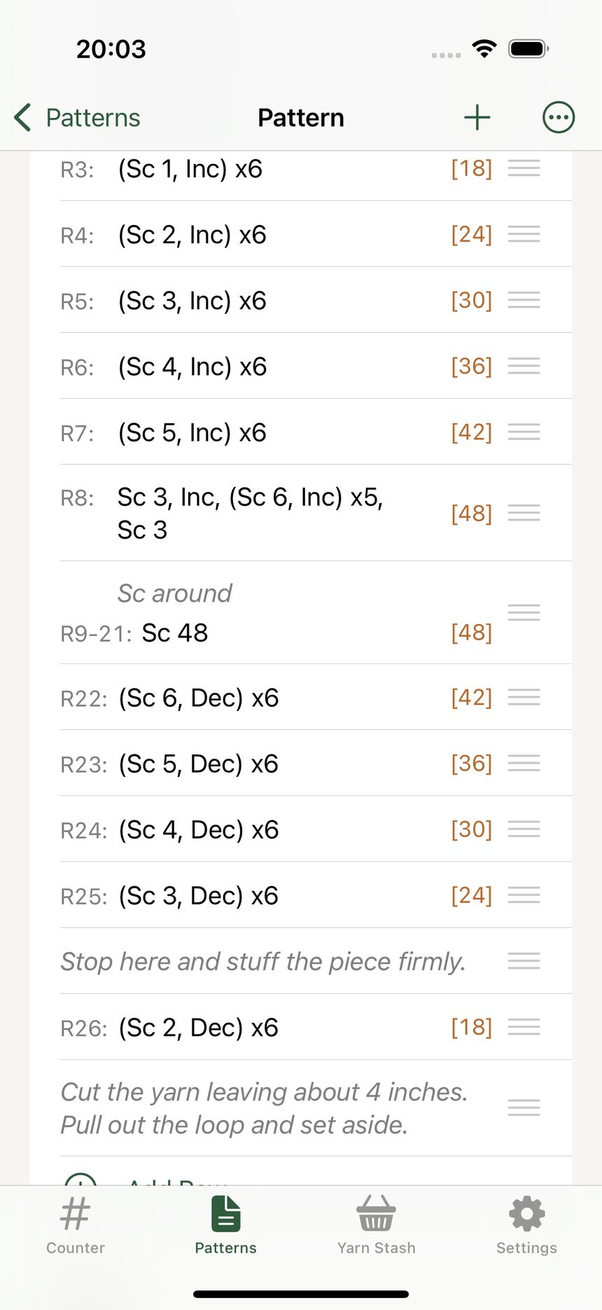 A row labeled R7-14 in the pattern editor, standing in for eight identical rows.