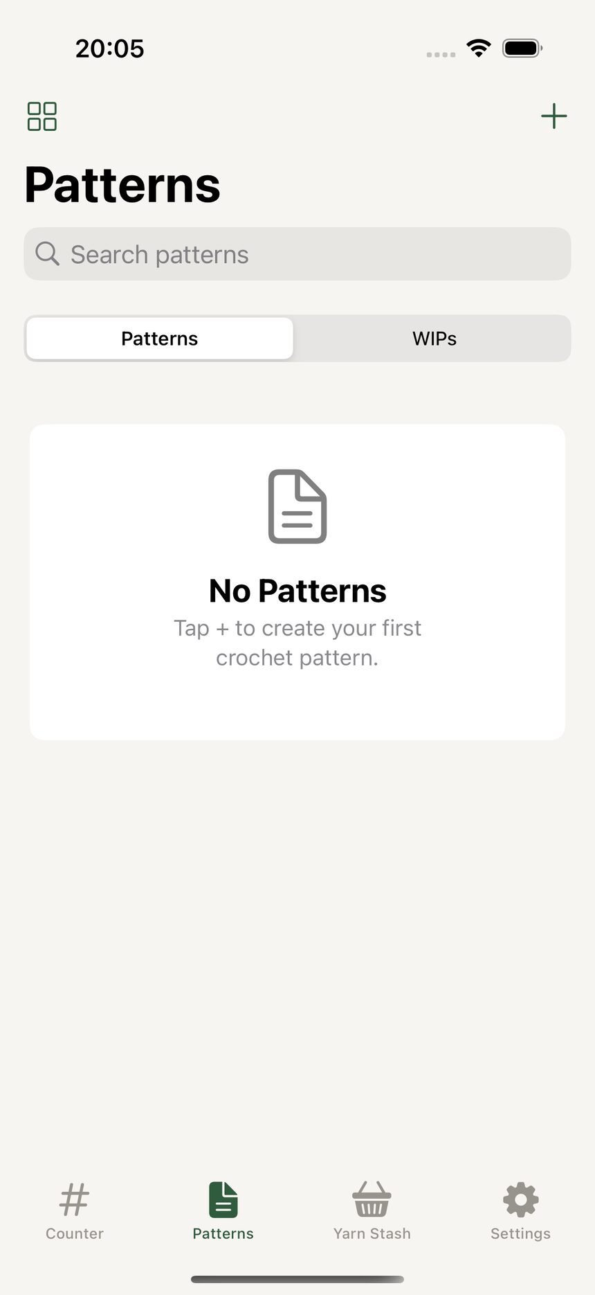 The empty Patterns tab with a message inviting you to create your first pattern and a plus button.