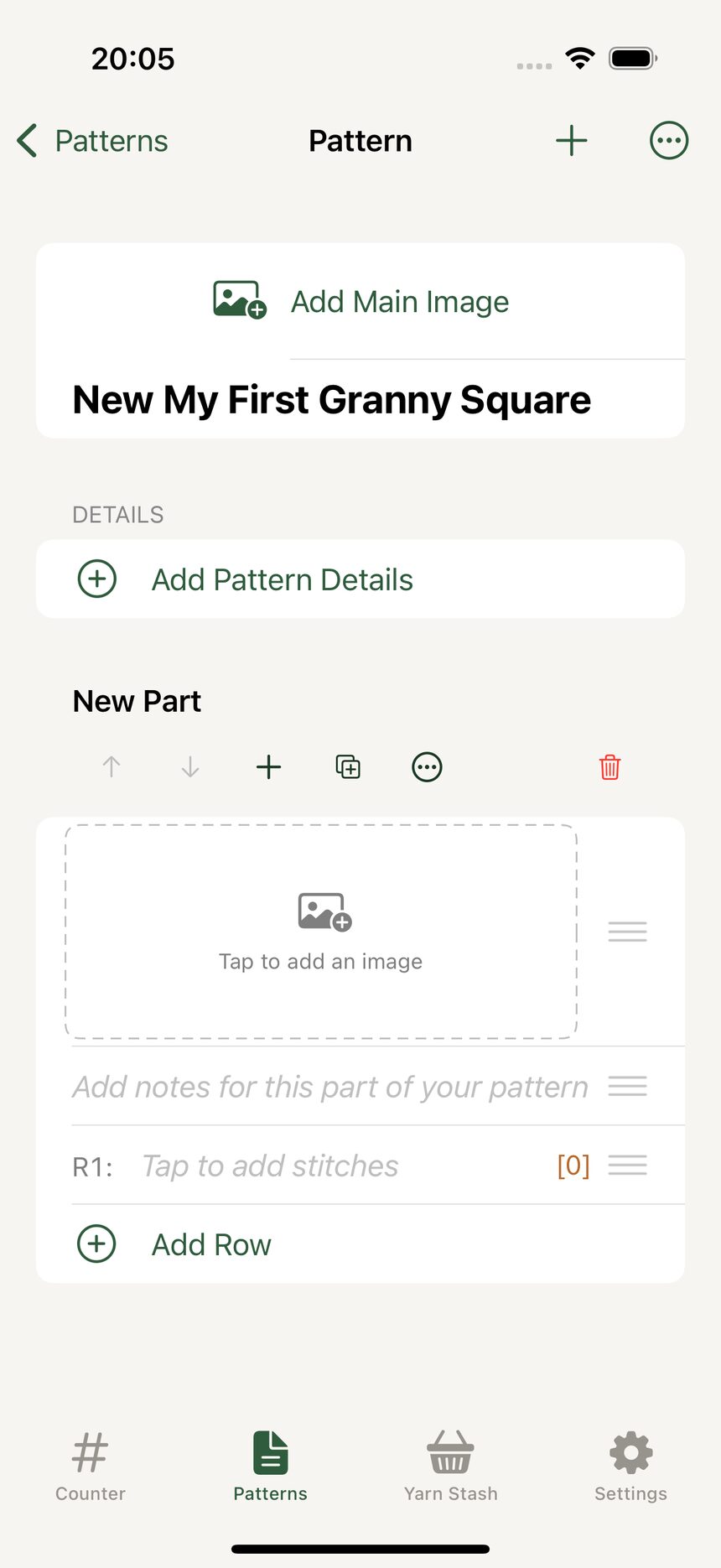 A freshly created pattern screen with empty sections for rows and details.