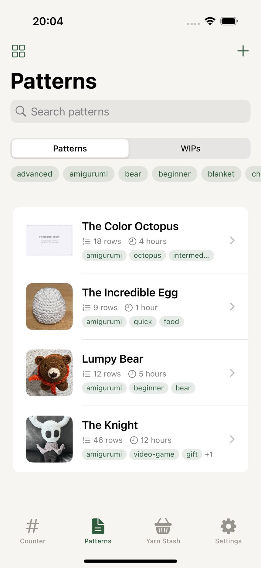 The pattern library in list view, showing pattern names in a single column.