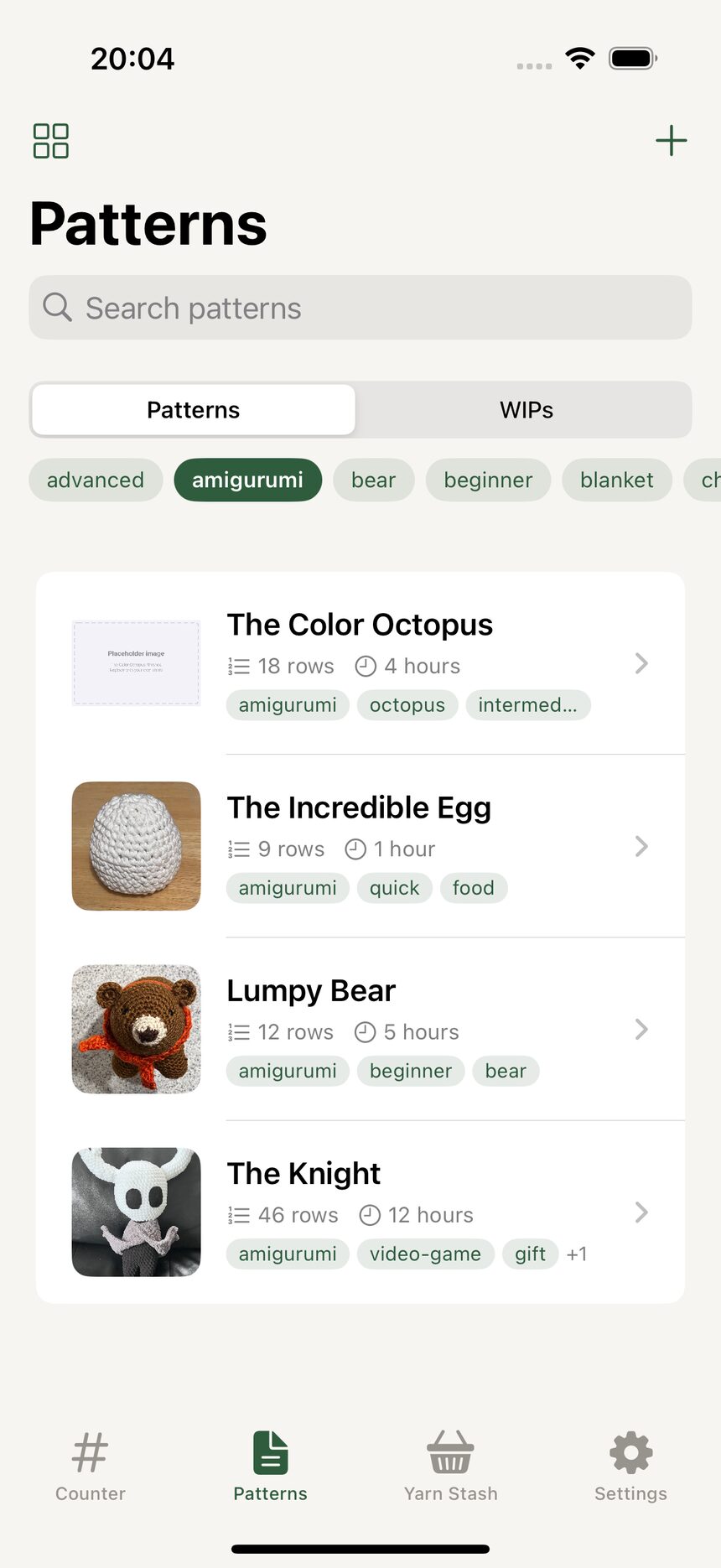 The tag filter open above the pattern library, with one tag selected.