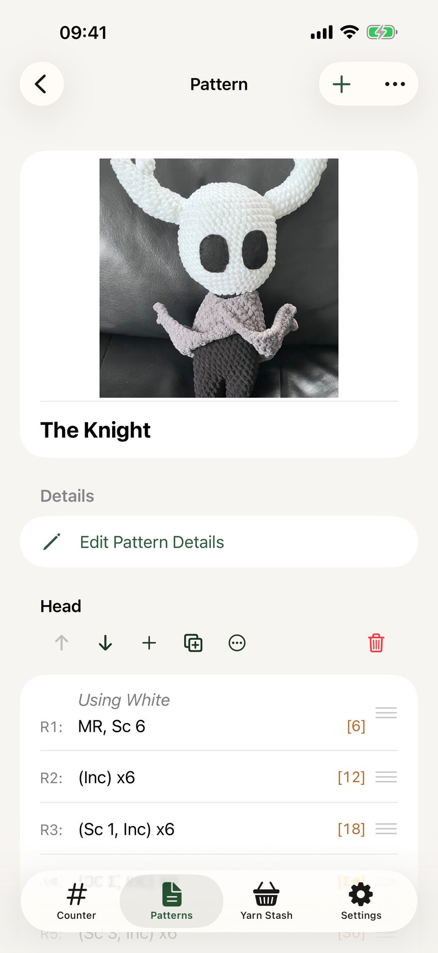 The Edit Pattern Details button on a pattern screen.