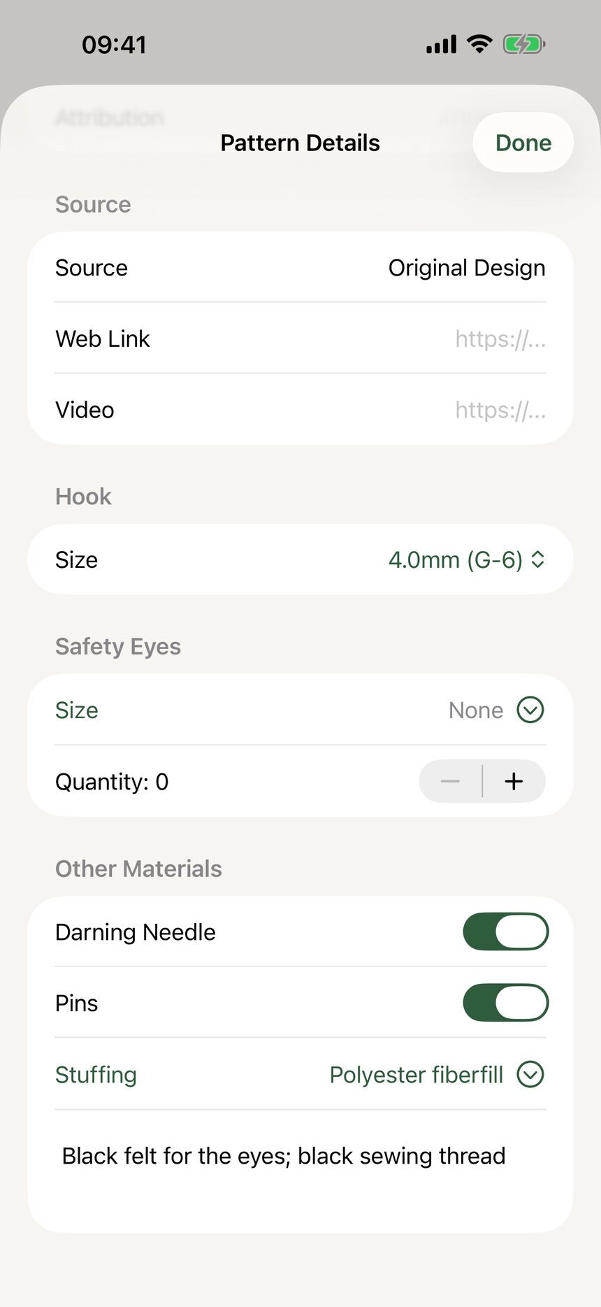 The materials section of a pattern listing hook size, safety eyes, and stuffing.