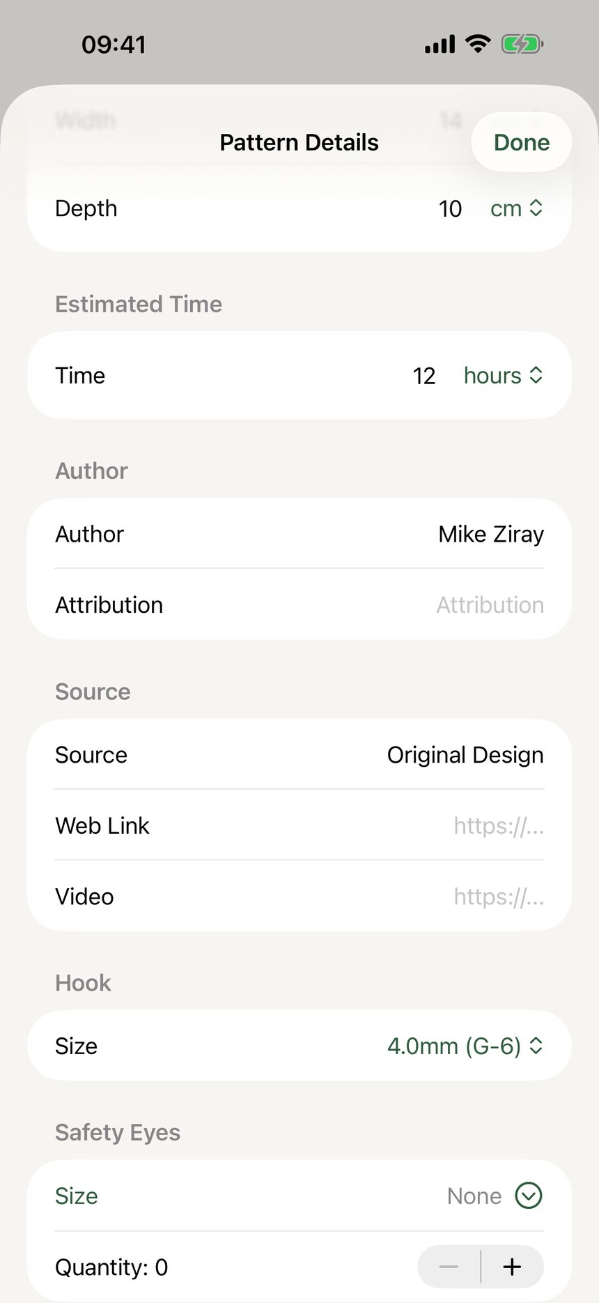 Designer credit fields with author name, source link, and video link.