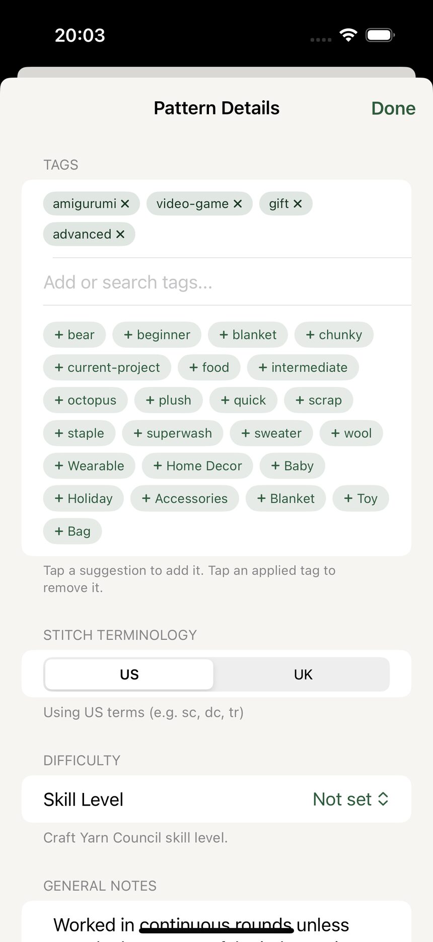 The US and UK terms toggle on a pattern, currently set to US.