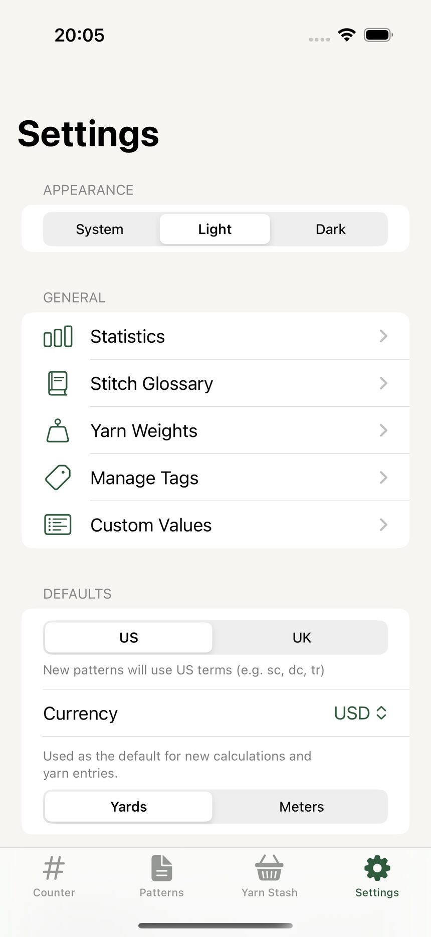 The default stitch terms setting in Settings, with US and UK options.