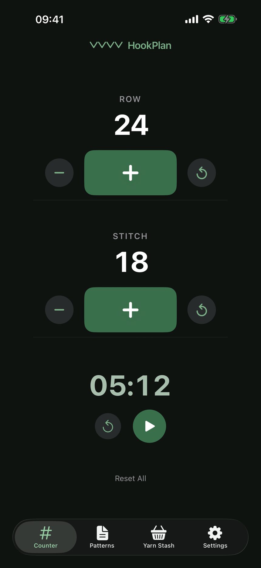 The Counter tab in dark mode, showing the warm dark palette.