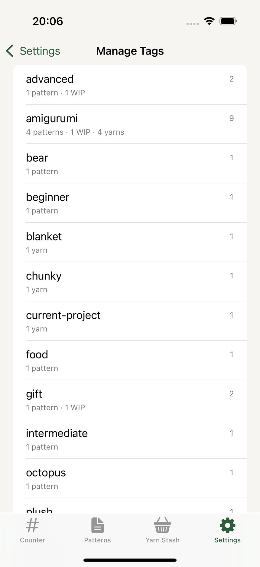 The Manage Tags screen with a list of custom tags and controls to reorder them.