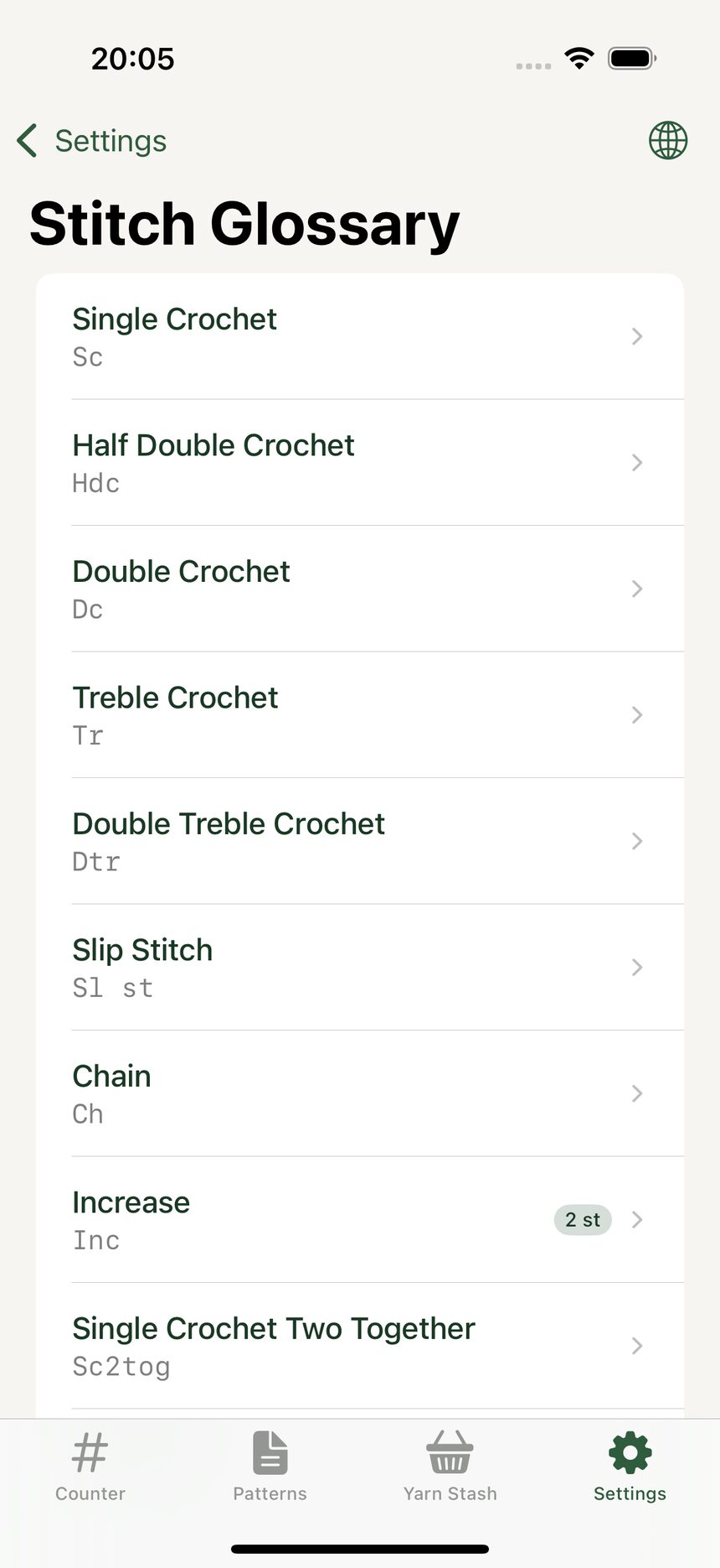The stitch glossary in Settings listing stitch types with abbreviations.