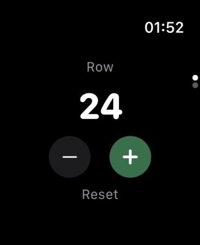 The HookPlan Apple Watch app showing large plus and minus buttons around the current count.