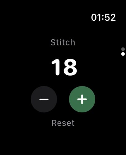 The watch app mid-swipe between the row counter screen and the stitch counter screen.